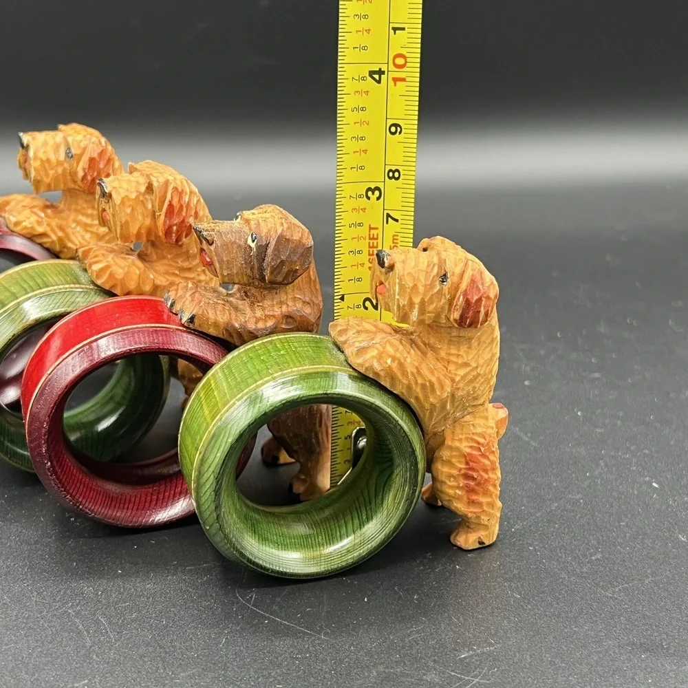 Terrier or Shih Tzu Puppy Dog Napkin Rings Wooden Red & Green Rings Set Of 4